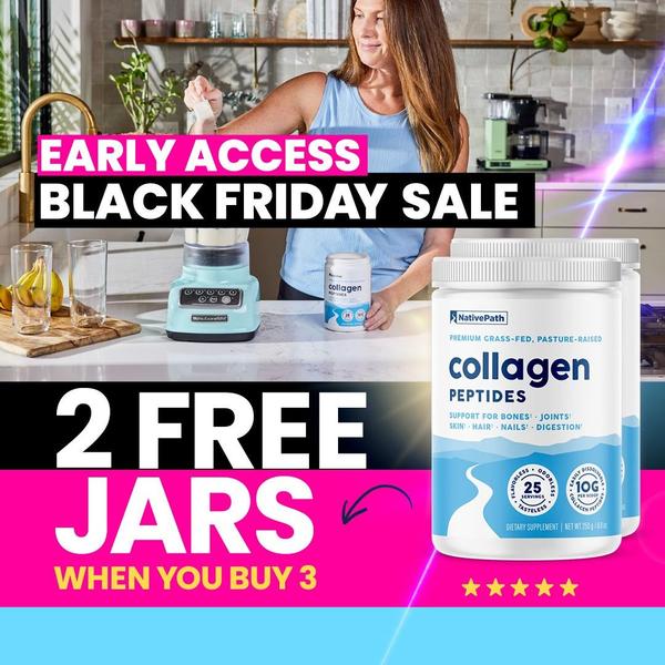 A lifestyle-integrated ad creative for Collagen Peptides featuring a bold Black Friday sale announcement and a B3G2 free offer.